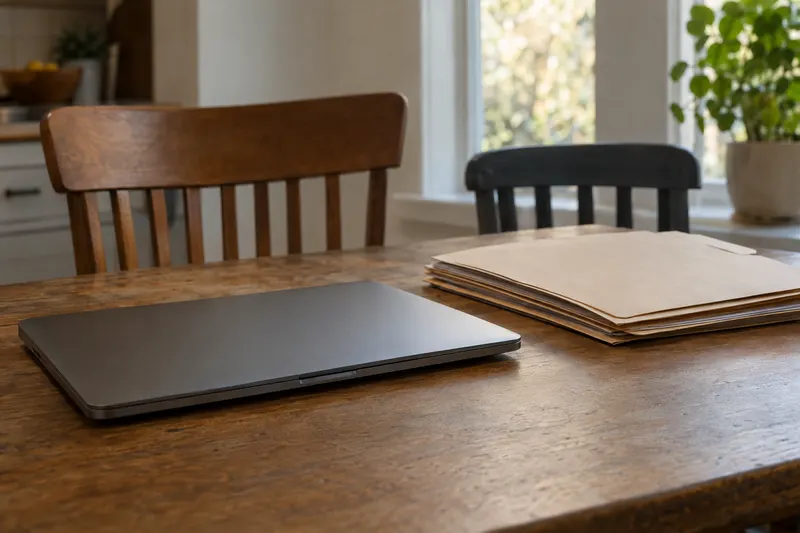 A closed laptop and legal folders on a kitchen table beside two empty chairs.