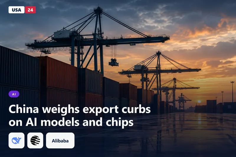 Container cranes silhouetted at a port at dusk, with stacked shipping containers and wet pavement reflecting amber light.