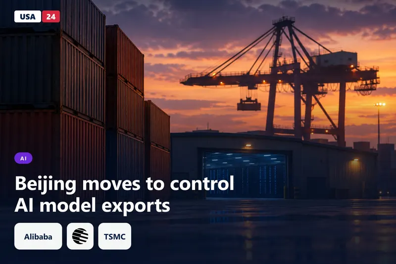 Shipping containers and a gantry crane at dusk, with blue-lit server racks glowing through an open warehouse door.