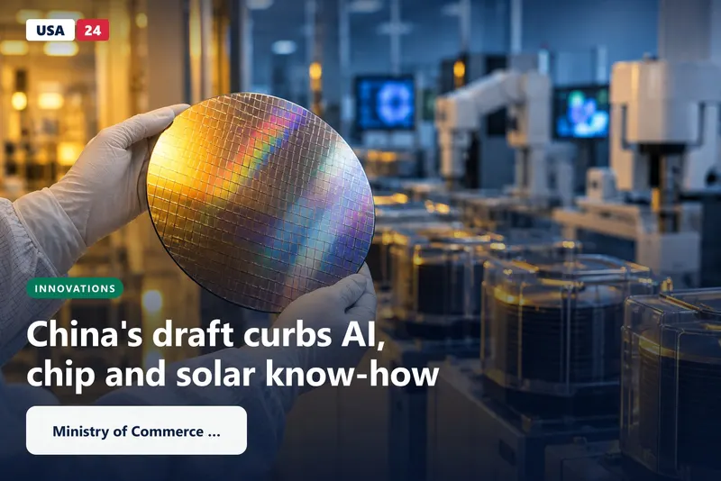 Gloved hands hold a silicon wafer under amber cleanroom light, with blurred equipment and sealed transport pods behind.