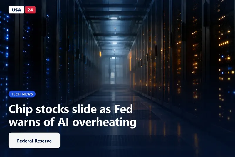 Long aisle of server racks in a dim data center, lit by blue and amber status lights fading into the distance