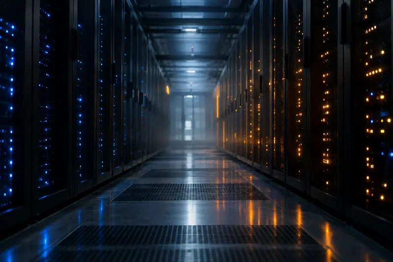 Long aisle of server racks in a dim data center, lit by blue and amber status lights fading into the distance