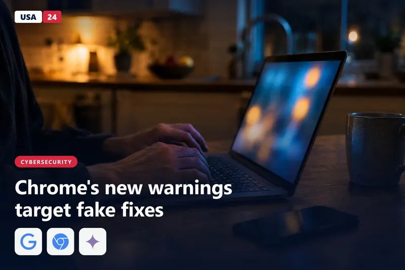 Close-up of unidentified hands above a laptop keyboard in a dim kitchen, the screen glowing with blurred amber shapes.