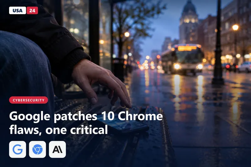 A commuter's hand hovers over a glowing smartphone on a rain-soaked bus stop bench at dusk.