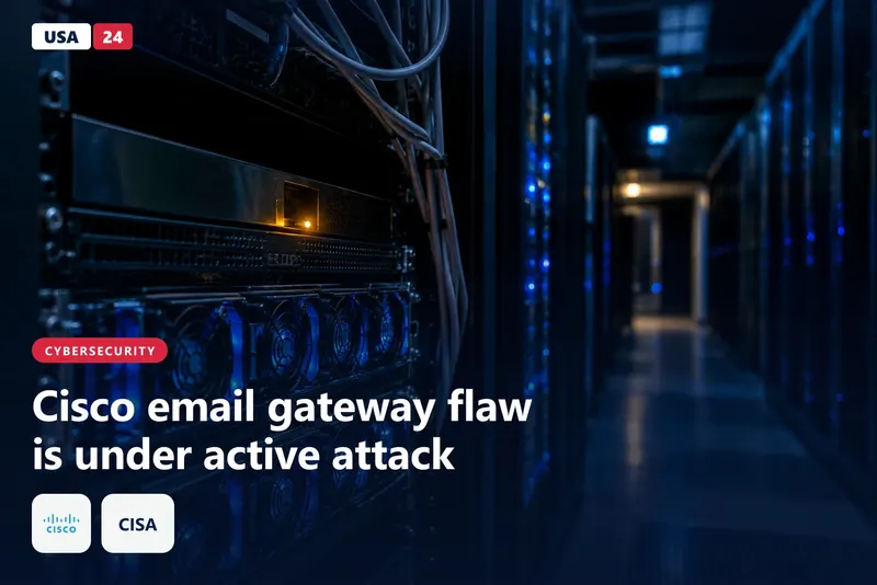 Network appliance in a dim data center aisle with one amber status light glowing among rows of blue-lit cooling fans.