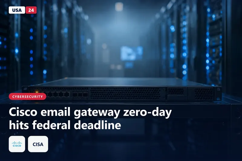 Unbranded network appliance in a dim server hall, one amber status light glowing, blue racks fading into fog behind it.