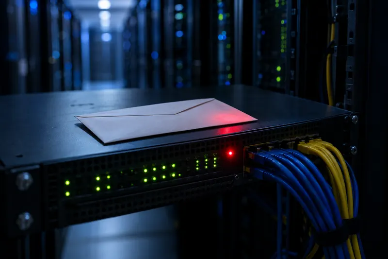 A sealed white envelope sits on a rack-mounted network appliance with a red warning light in a dim data center aisle.