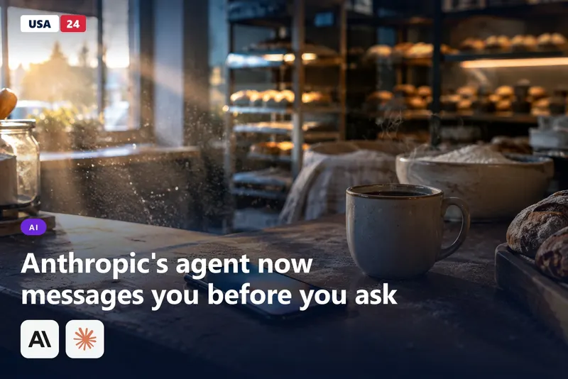 A phone on a bakery counter at dawn, its screen glowing with blurred shapes beside a cup of coffee and drifting flour dust.