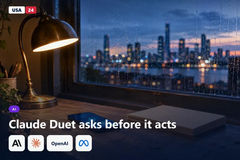 A phone glowing on a table beside a desk lamp and a stack of blank paper, with a city skyline through a rainy window.