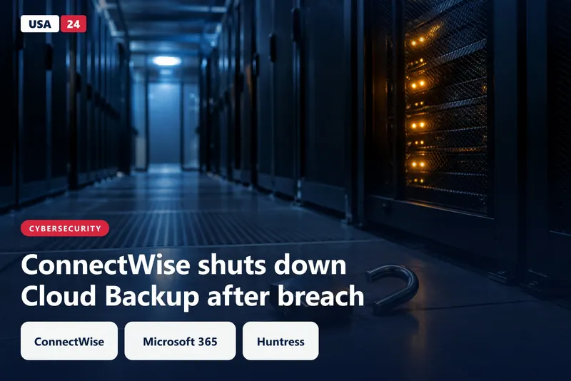 Dark data center aisle at night, server racks mostly unlit, one amber light glowing beside a steel cable lock.