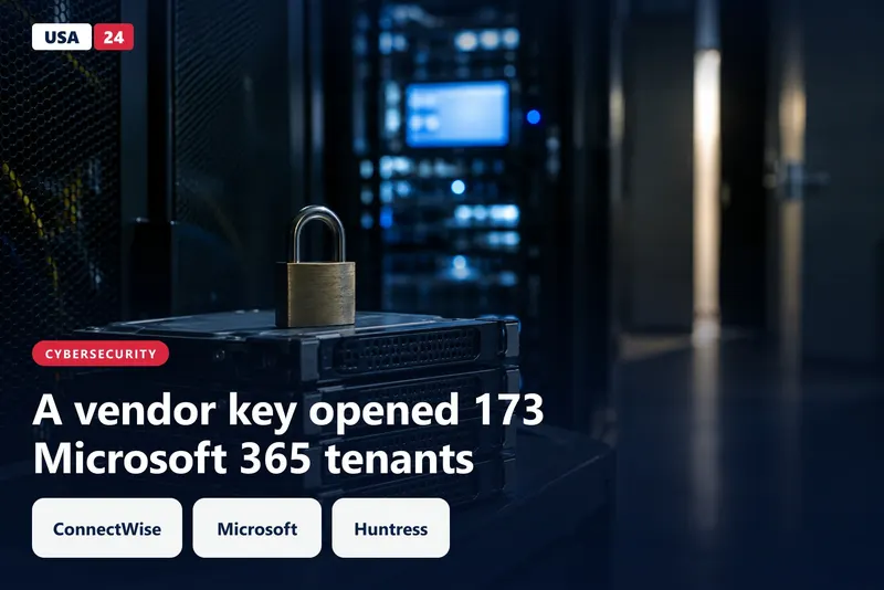 Padlock on a stack of server drives in a dim network closet, with a blurred monitor glowing in the background.