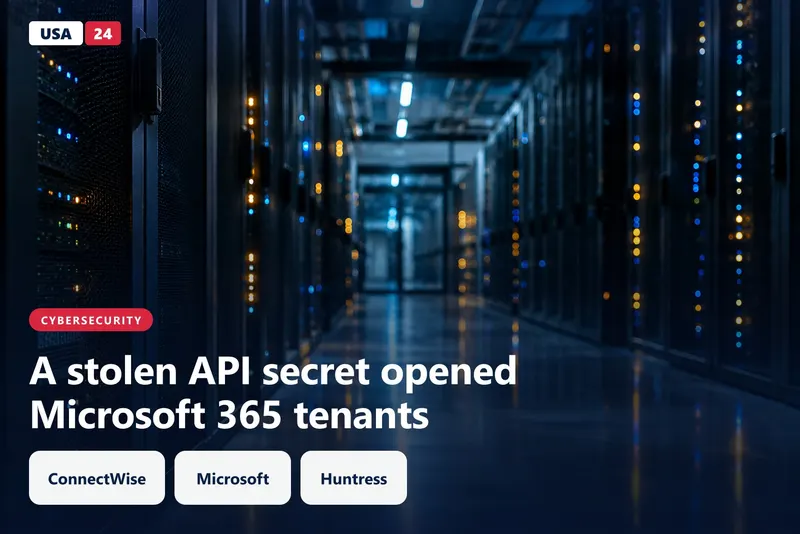 Empty data center aisle at night with dark server racks and softly glowing blue and amber status lights.