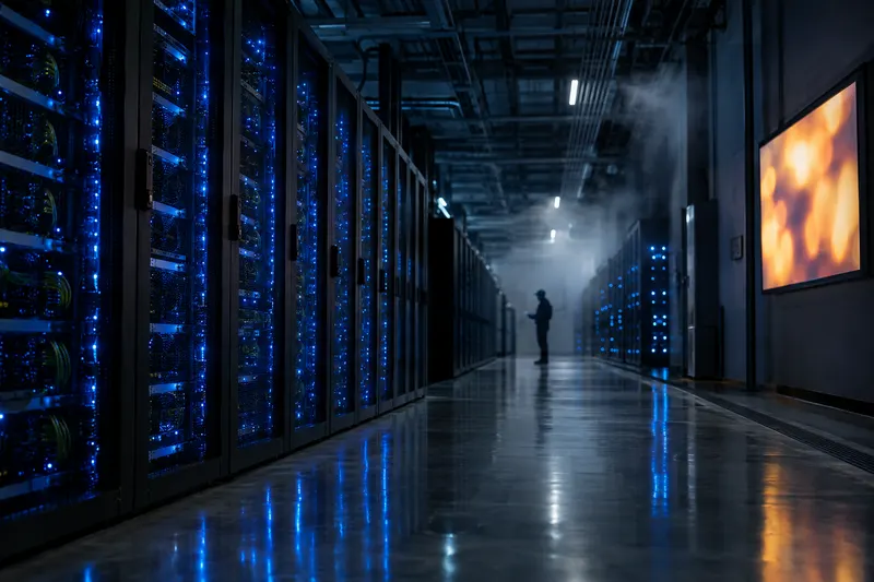 Rows of GPU server racks in a dim data-center hall with blue status lights and a lone silhouetted worker in the distance.