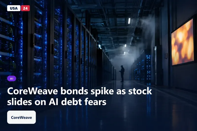 Rows of GPU server racks in a dim data-center hall with blue status lights and a lone silhouetted worker in the distance.