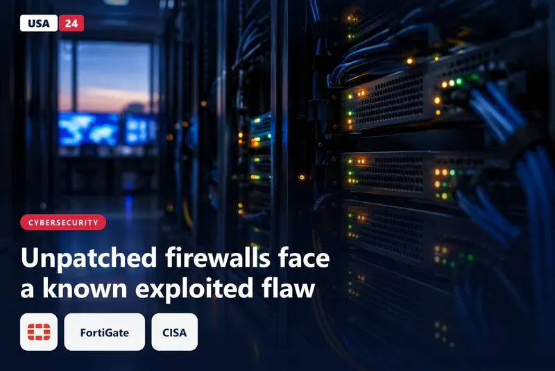 Black network firewall appliances stacked in a dim data center rack, with amber and green status lights glowing in the dark.