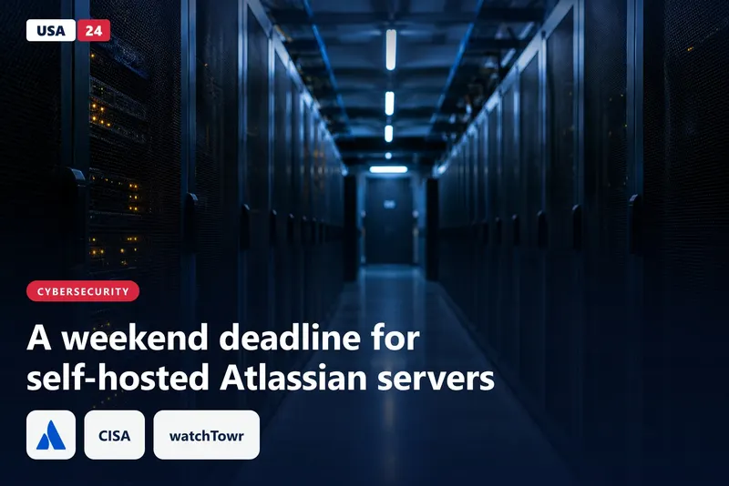 Rows of dark server racks recede down a dim data hall, with a few amber status lights glowing in one cabinet.