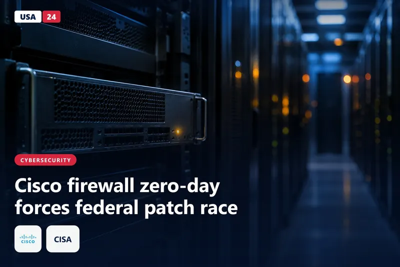 Rack-mounted network firewall in a dim data center, one amber status light glowing among rows of server cabinets receding into shadow.