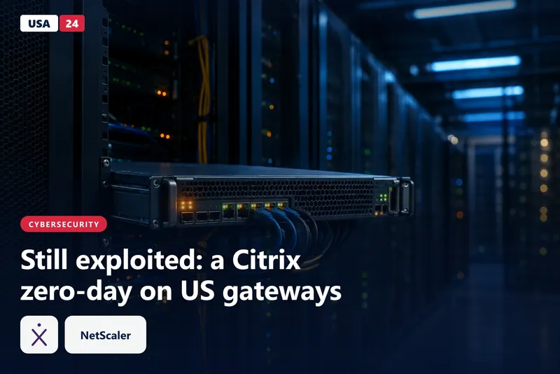 Rack-mounted network appliance with amber and green status lights glowing in a dim data center aisle at night.