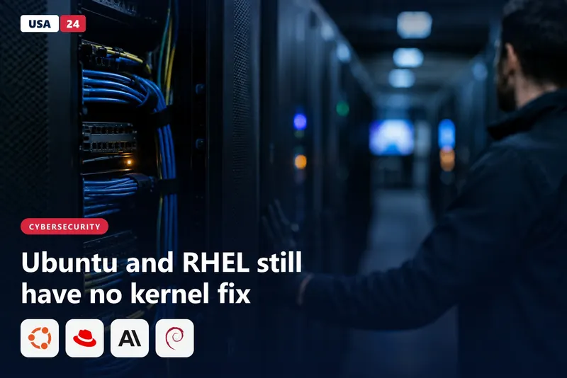 Dim data center aisle with rows of server racks, one rack in the foreground glowing with a single amber status light.
