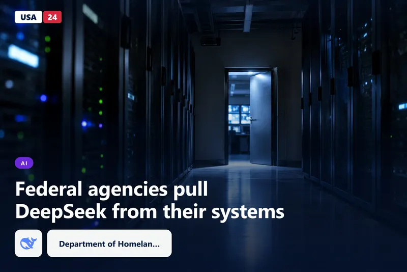 Dim data center corridor at night, rows of closed server cabinets, one steel door ajar, cold blue light.