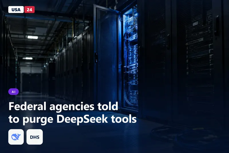 Rows of dark server racks in a federal data center, one cabinet door open under cool blue light.