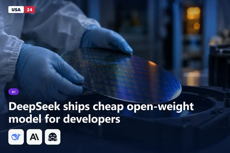 Gloved hands lift a silicon wafer from its carrier in a dim clean-room bay under cool blue light.