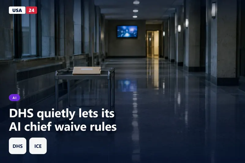 Empty federal corridor at dusk with a blank manila folder on a steel cart and a dim monitor glowing at the far end.