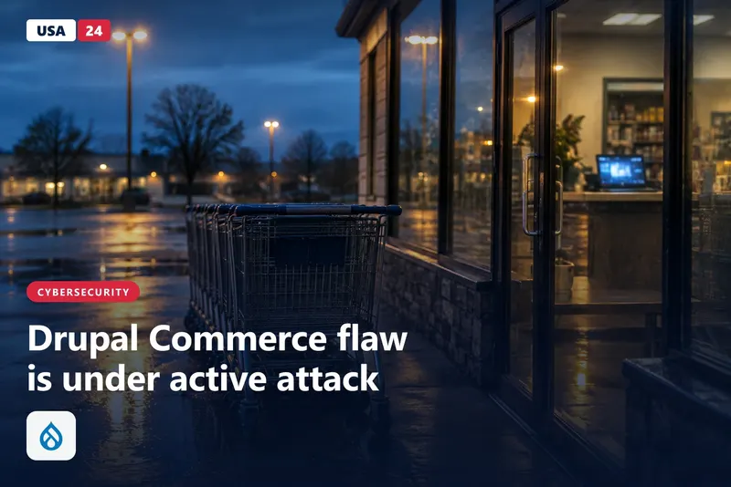 Empty shopping carts in a dim parking lot under sodium streetlights, with a glowing laptop on a store checkout counter inside.