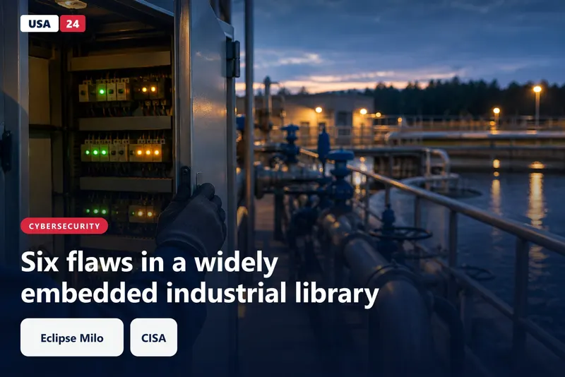 Gloved hand near an open industrial control cabinet with glowing status lights in a dim water treatment plant.