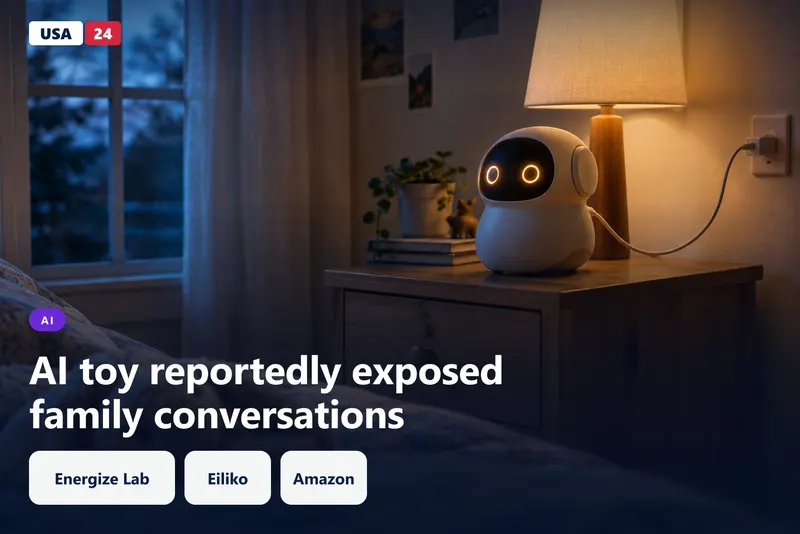 Small white companion robot with amber eyes on a child's nightstand at dusk, beside a plush rabbit and a charging cable.