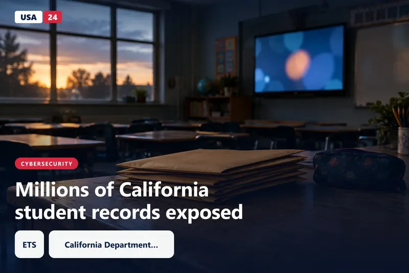 Empty California classroom at dusk with sealed envelopes on a wooden desk and a dim monitor glowing in the background.