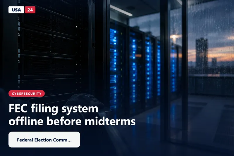 A dark server rack in the foreground of a blue-lit data center at dusk, with a gloved hand resting on a metal rail.