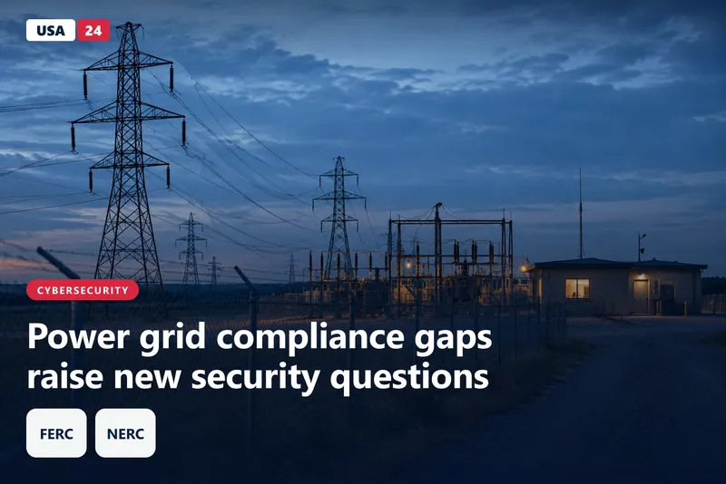 Steel transmission towers and a substation at blue hour, with high-voltage lines running across a flat rural landscape.