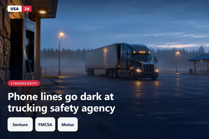Semi truck parked alone at a foggy interstate rest stop at dusk, with a wall phone receiver dangling beside it.
