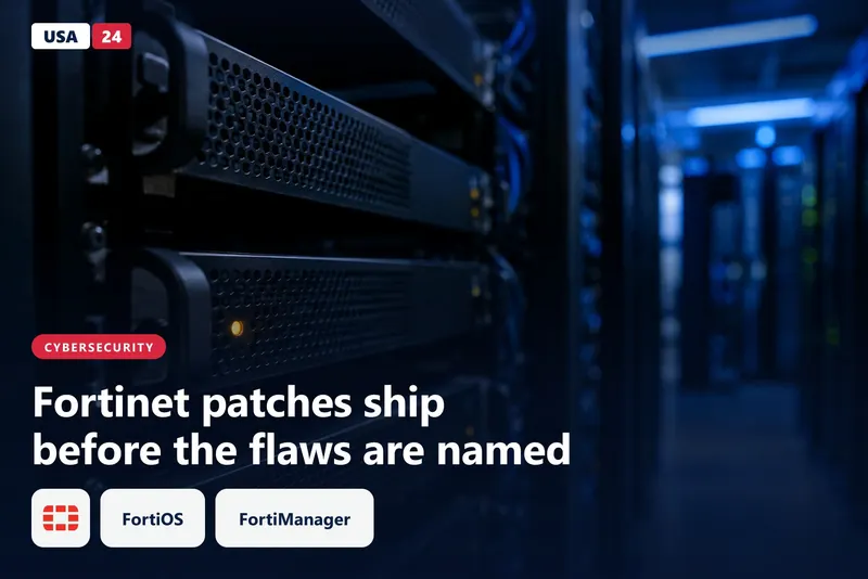 Dim server room with rack-mounted black firewall appliances, one unit glowing amber in the foreground.