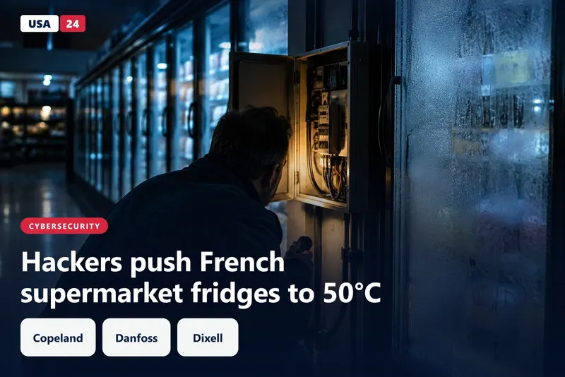 Supermarket glass refrigerator cases, one fogged, with a flashlight beam on an open wall-mounted controller box.