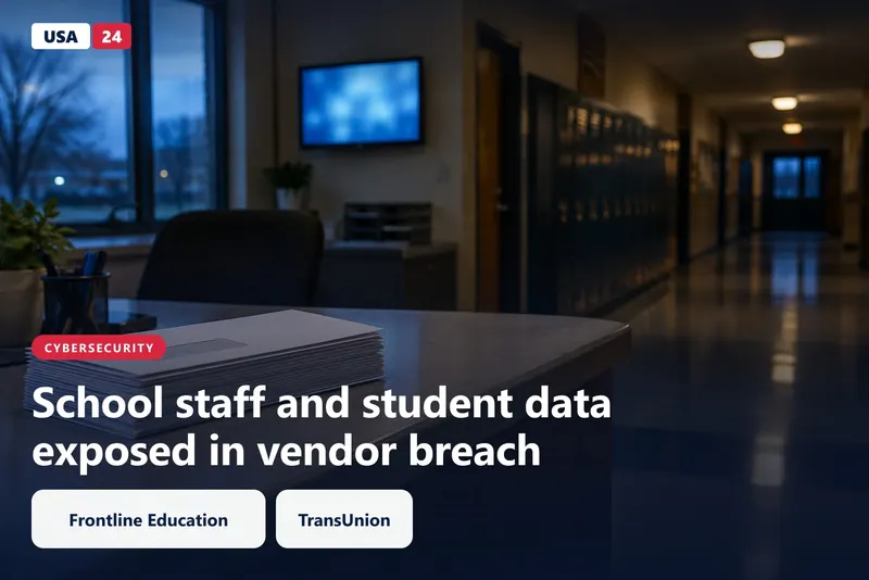 Unopened white envelopes stacked on a school front-office counter, with a blurred monitor glowing in the hallway behind.