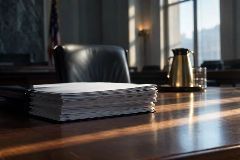 Stack of bound documents on an oak conference table in a dim federal hearing room, with late light through tall windows.