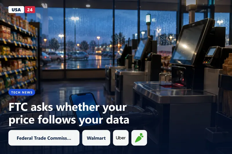 Empty grocery self-checkout lane at dusk, a phone glowing on a cart handle, blurred price tags behind it.