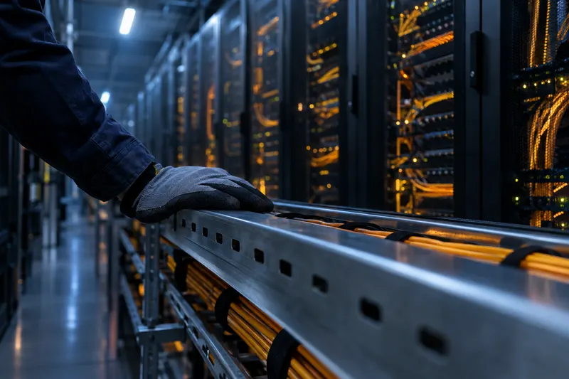 Gloved hand resting on a steel cable tray in a dim data hall, with glowing amber fiber-optic cables in soft focus behind it.