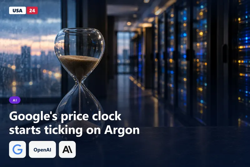 Glass hourglass with sand mid-fall on a dark slate table, with blurred blue server lights glowing behind it at dusk.