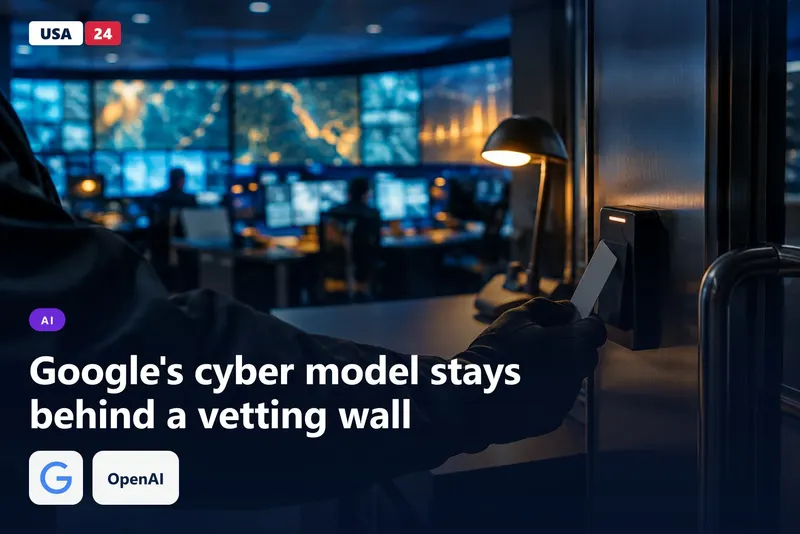 Dim control room with a curved wall of blurred glowing screens and a gloved hand on a security access card reader.