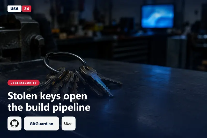 Brass keys on a steel workbench in a dim room, one catching cold blue light from a blurred monitor.