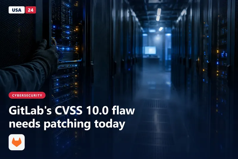 Dim data center aisle with steel server racks and blue status lights, a technician's gloved hand resting on one open cabinet door.