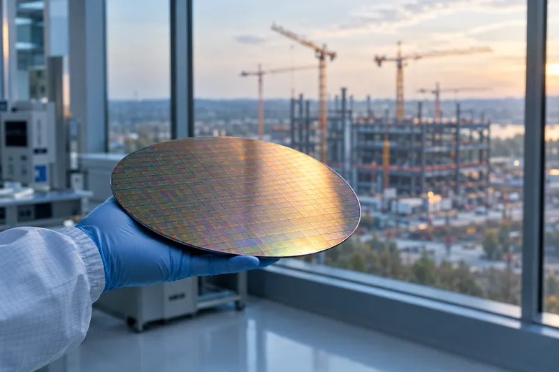 Gloved hand holds a silicon wafer before a window showing an out-of-focus construction site with cranes under a pale sky.
