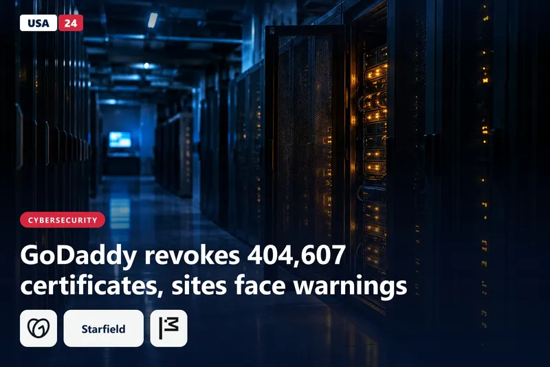 Dim data center aisle at night with one server cabinet door open and amber status lights glowing across the racks.