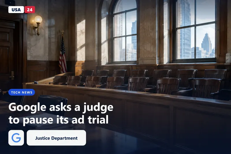 Empty jury box in a federal courtroom, morning light falling across wooden benches and stacked case files on a table.