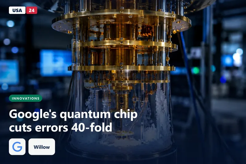 Gold-plated tiers of a cryogenic quantum refrigerator descend into frost, with a small chip glowing at the bottom.