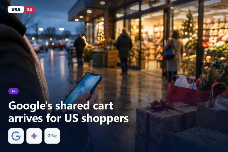 Close-up of a hand holding a glowing smartphone outside a lit grocery store at dusk, with shopping bags and blurred shoppers behind.