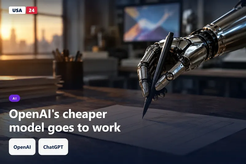 A chrome robotic arm holds a stylus over a blank paper form on an oak table, with a softly glowing monitor behind it.